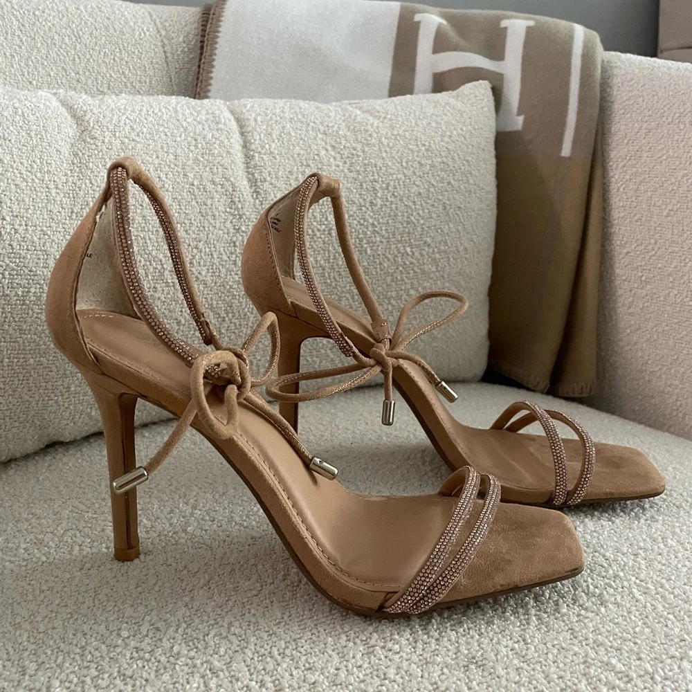 Express Crystal Embellished Suede Strappy‎ Tie-Up Heels Nude